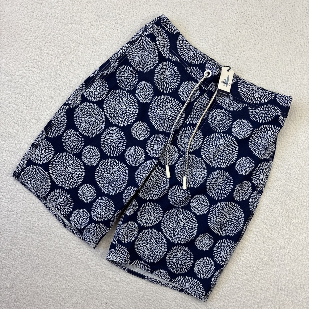 NEW JOHNNIE-O Mens Swim Trunks Small Blue Print Board Shorts 9" Lined Elastic